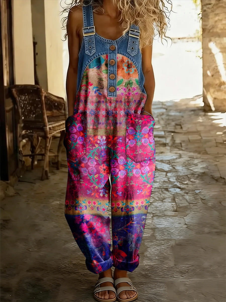 Women's Retro Floral Color-Blocked Art Print Washed Cotton Denim Patchwork Jumpsuit